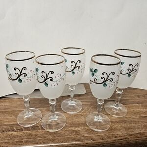 Vintage Bohemian Frosted Handpainted Uranium Flute Glasses (Set of 5)